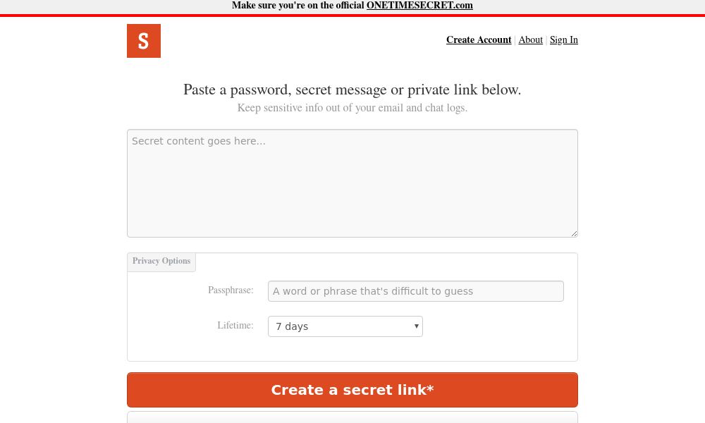 Screenshot of One Time Secret